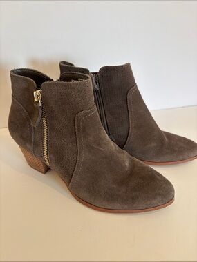 Suede Side-Zip Ankle Booties in Taupe Leather Upper Carley Style